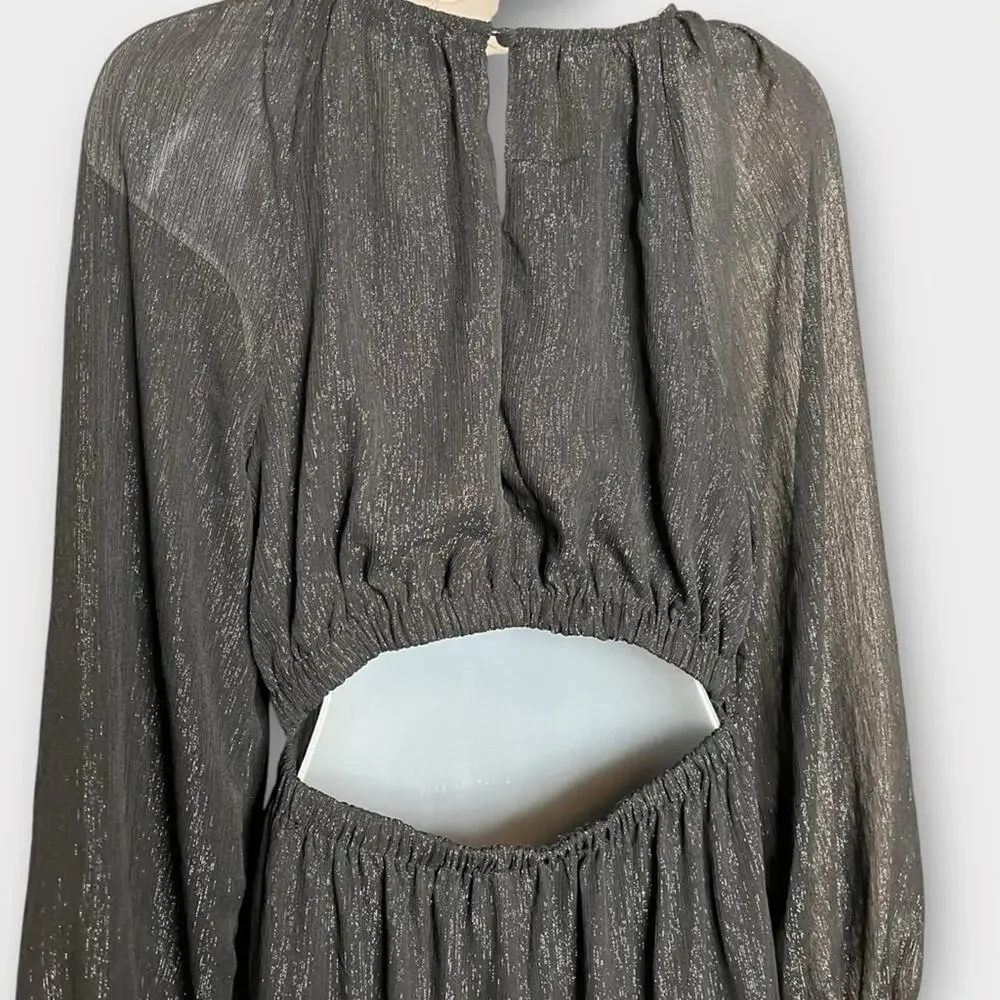 ANTHROPOLOGIE Moon River Crewneck Tiered Maxi Dress Black Shimmer Size Medium - Picture 5 of 7